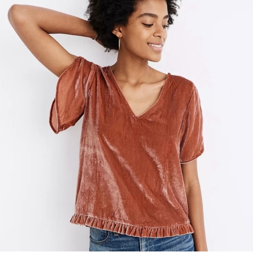 Madewell Orange Velvet Crushed Blouse Tulip Split Sleeves Ruffled Hem Size XXS